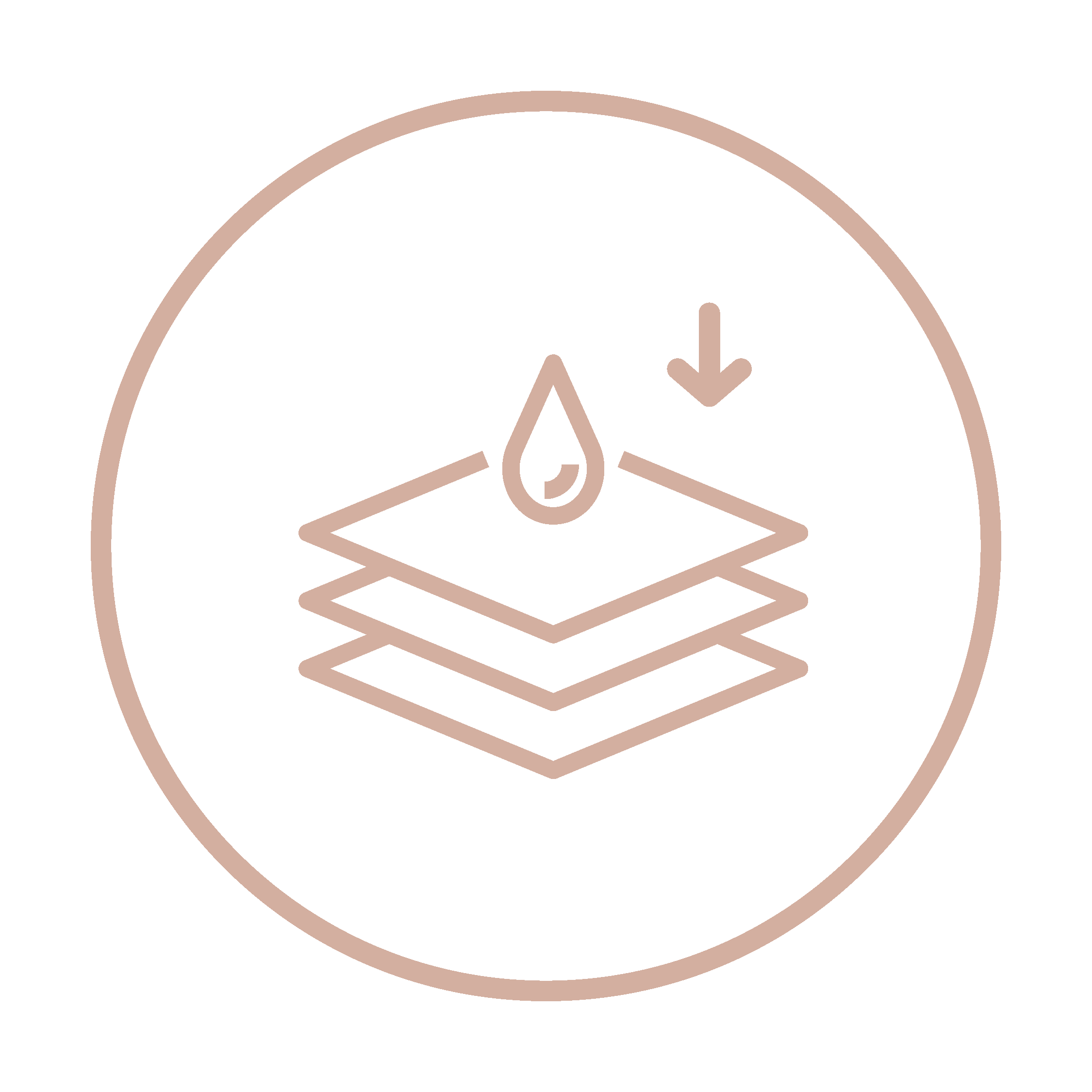 A circular icon showing a water droplet and a down arrow above three stacked layers.