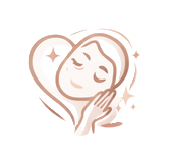 A stylized illustration of a serene face inside a heart, with a hand touching the cheek and sparkles.