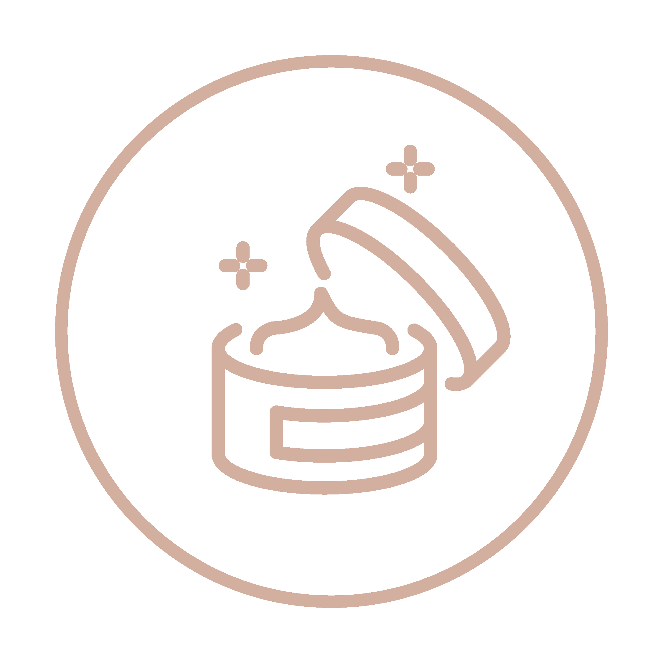 A line art icon of an open jar of cream with sparkles, enclosed in a circle.
