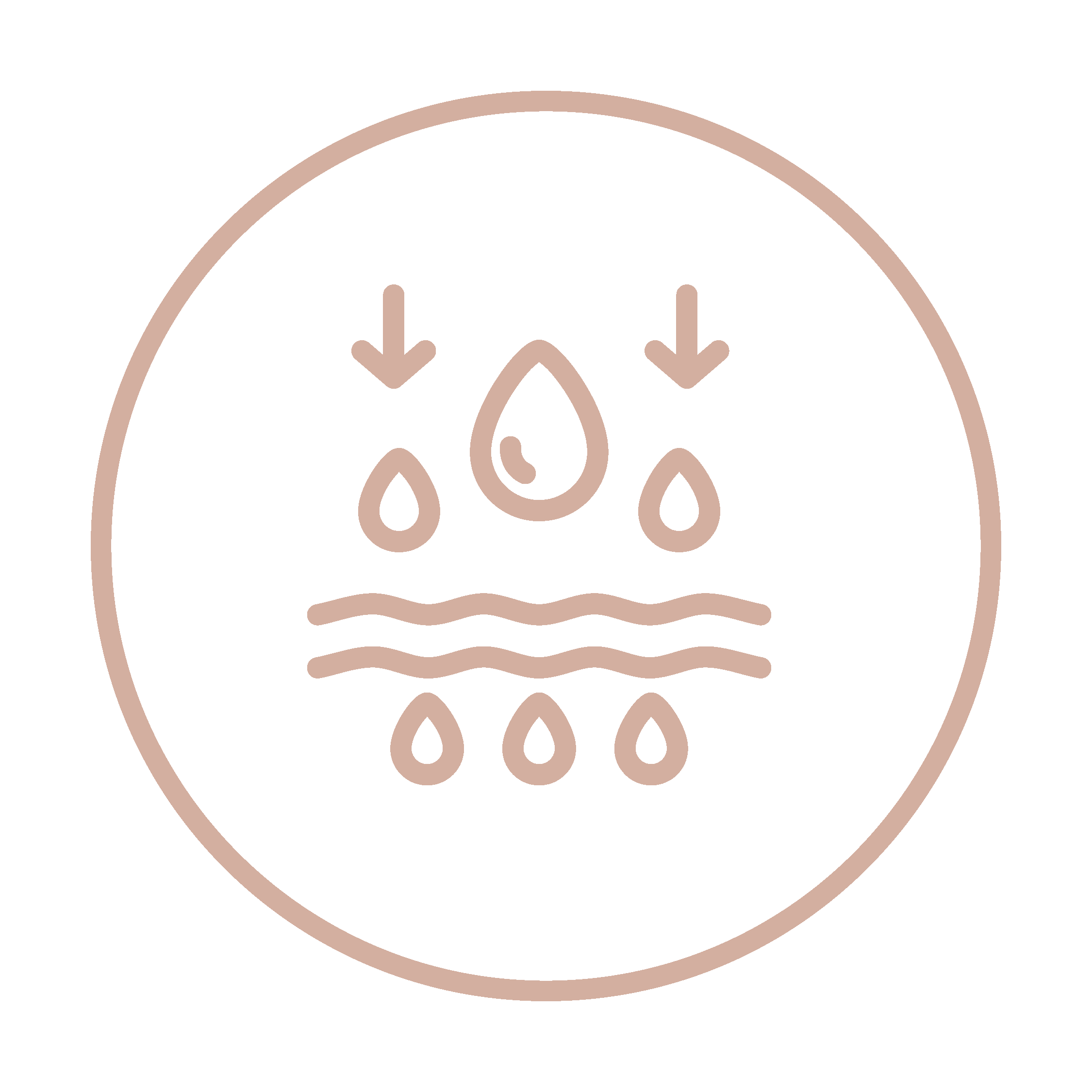 A circular, light brown line art icon showing water droplets, arrows, and a wavy line, suggesting absorption.