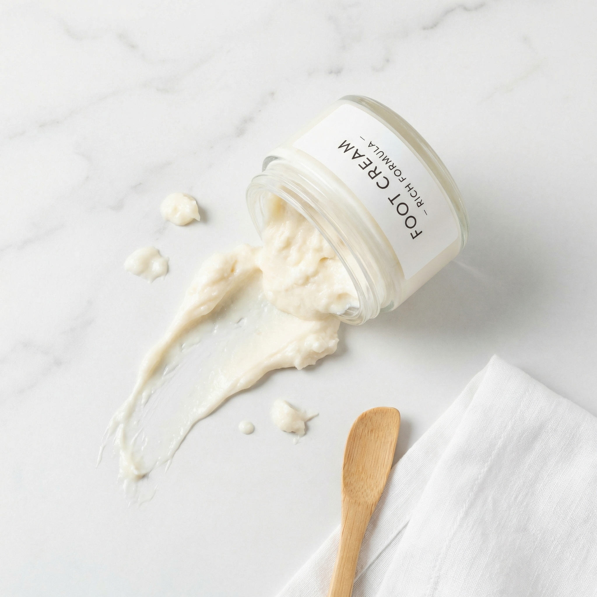 An open jar of foot cream spilled on a marble surface with a small wooden applicator nearby.