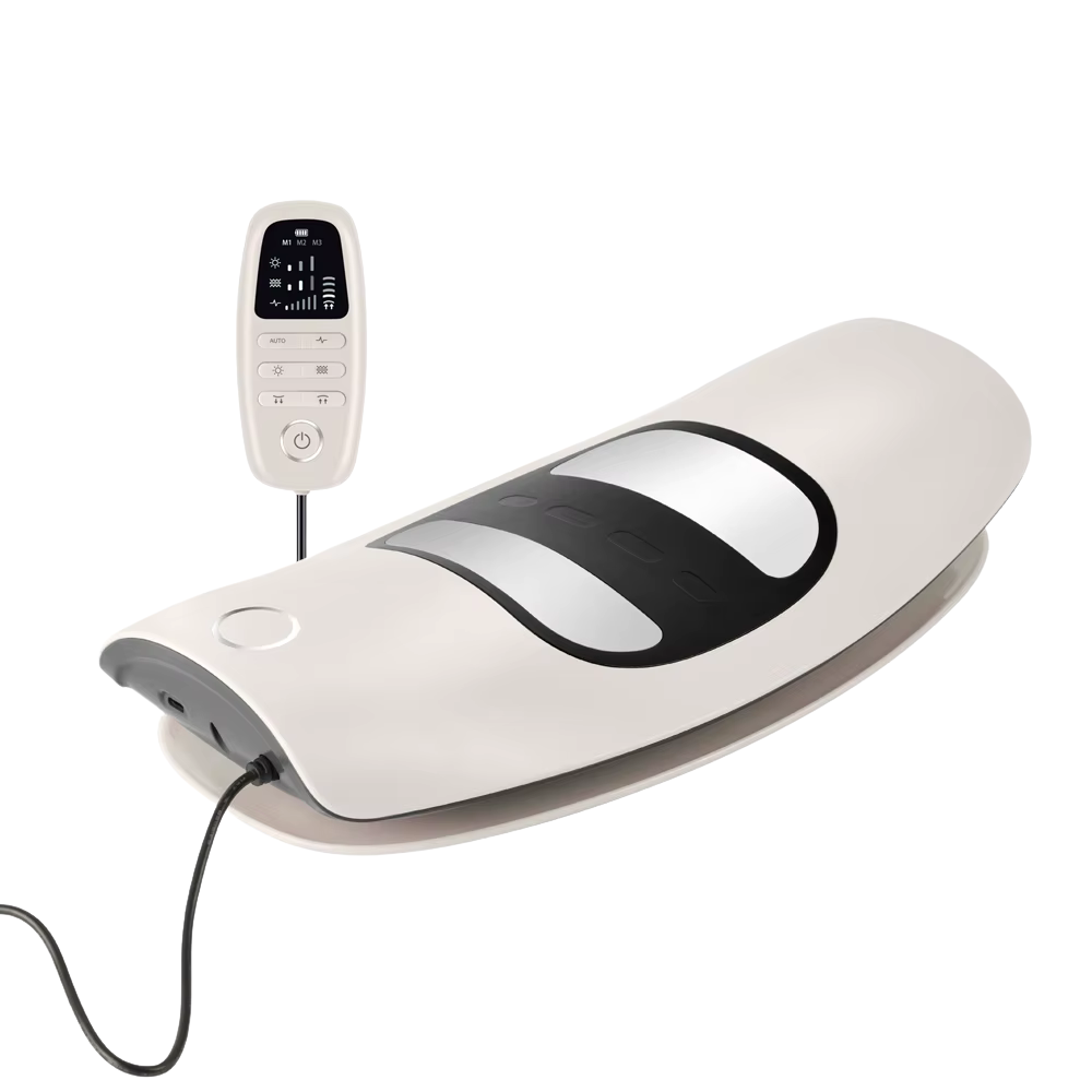 White and black electric massage device with a remote control.