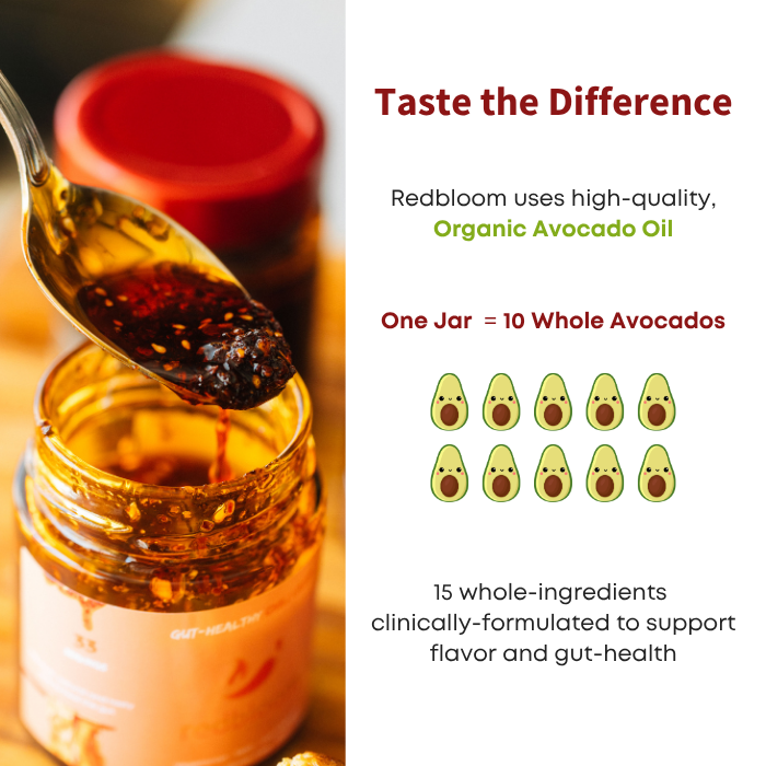 Comparison chart of Redbloom chili crisp and capsules with checkmarks and crosses.