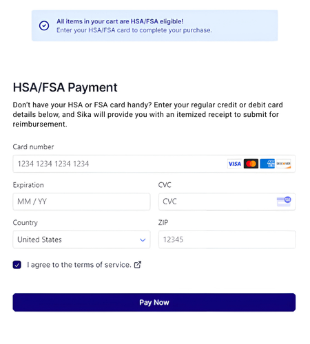Payment form for HSA/FSA card with fields for card details, country, ZIP code, and terms agreement.
