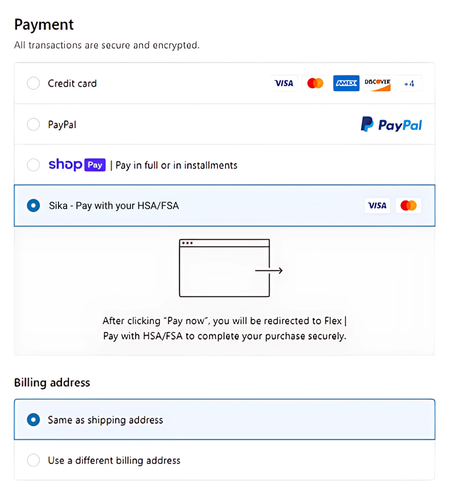 Payment options include credit card, PayPal, Shop Pay, and Flex with HSA/FSA; billing address selection.