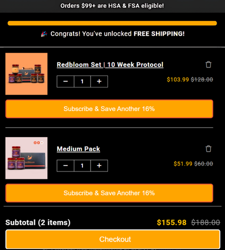 Shopping cart showing Redbloom Set and Engraved Spoon with a checkout total of $115.90 and free shipping.