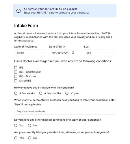 Medical intake form for HSA/FSA eligibility, including questions on IBS diagnosis, treatment, other conditions, and medication use.
