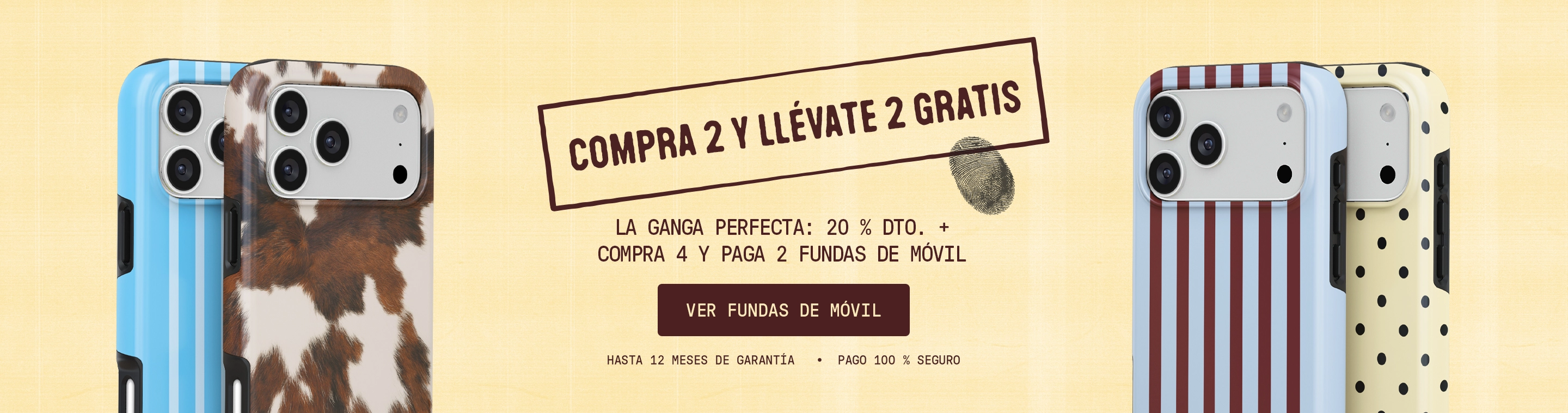 A promotional banner in Spanish advertising a 'buy 2, get 2 free' offer on various patterned phone cases.