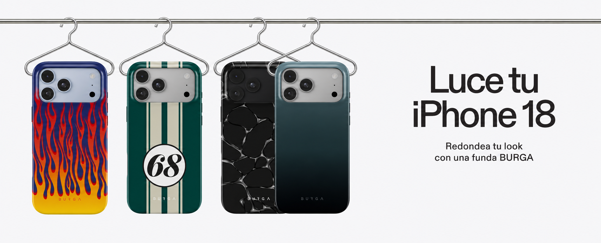 Four iPhone cases with various designs hanging on wire hangers from a metal rod.