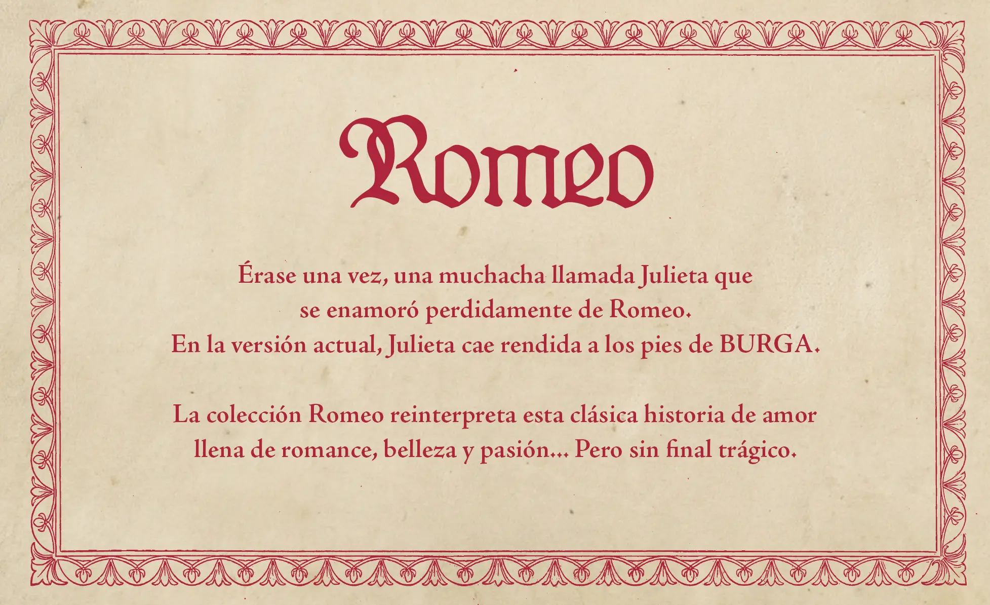 Parchment-style page with a red decorative border and Spanish text, with the word 'Romeo' at the top.