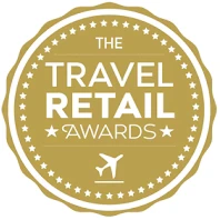 A gold seal for The Travel Retail Awards, with stars and a small airplane icon.
