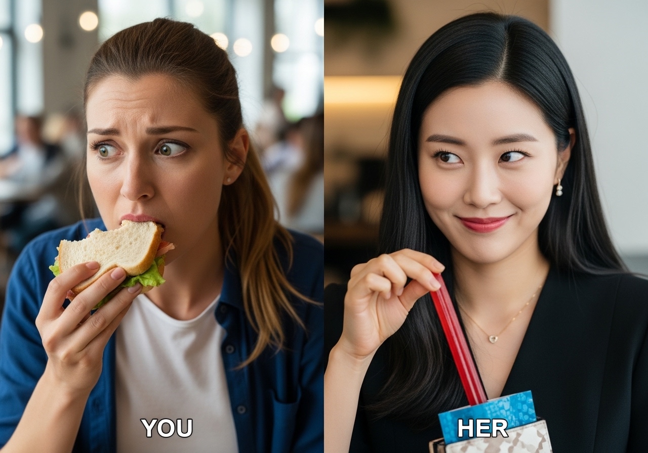 Two women eating, one with a sandwich, the other with a snack, labeled 'YOU' and 'HER'.