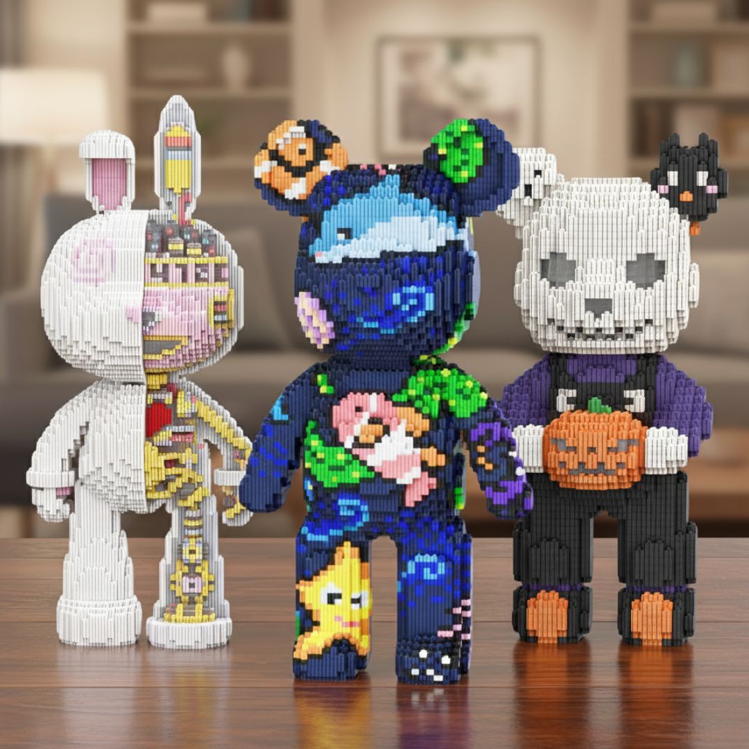 Three colorful, pixelated teddy bear figures with various patterns and designs, displayed on a wooden table.