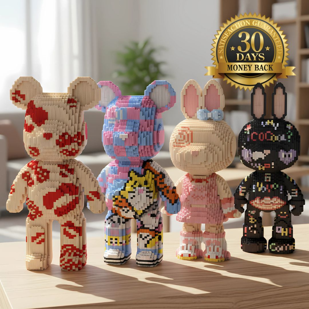 Four colorful block figures with a 30-day money-back guarantee badge.