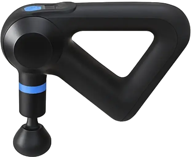 Black handheld massage gun with a triangular handle and blue accents.