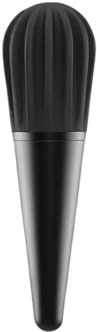 Black portable camera lens attached to a cylindrical device on a white background.