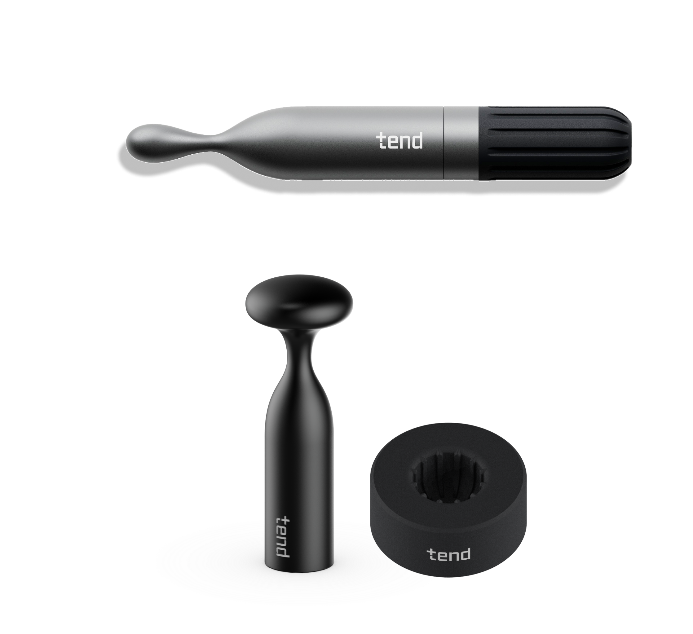 Three black grooming tools with 'tend' branding and sleek design.