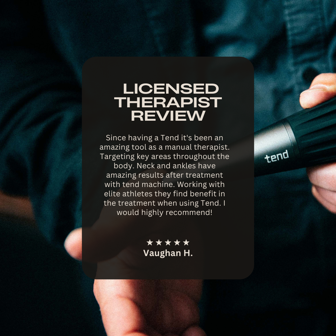 A hand holding a device with text overlay about a licensed therapist's review.