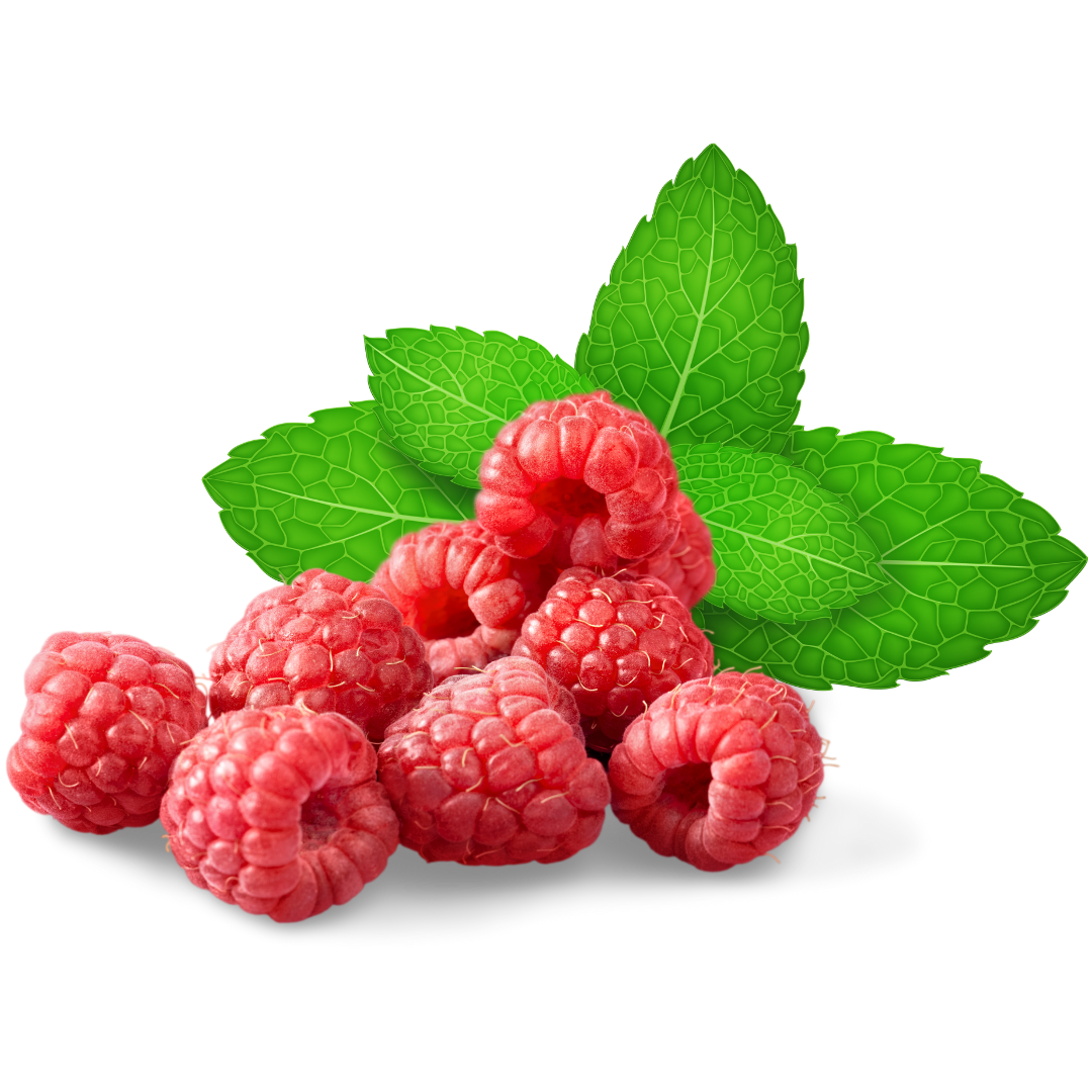 Fresh raspberries with green mint leaves on a white background.