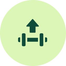A dark green icon of a dumbbell with an arrow pointing up, inside a light green circle.