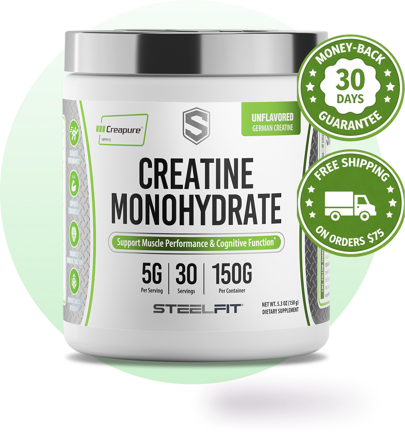 A white tub of SteelFit Creatine Monohydrate dietary supplement on a green and black background.