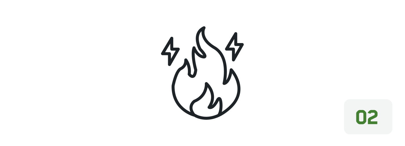 A line icon of a flame with lightning bolts, next to the number 02 in a box.