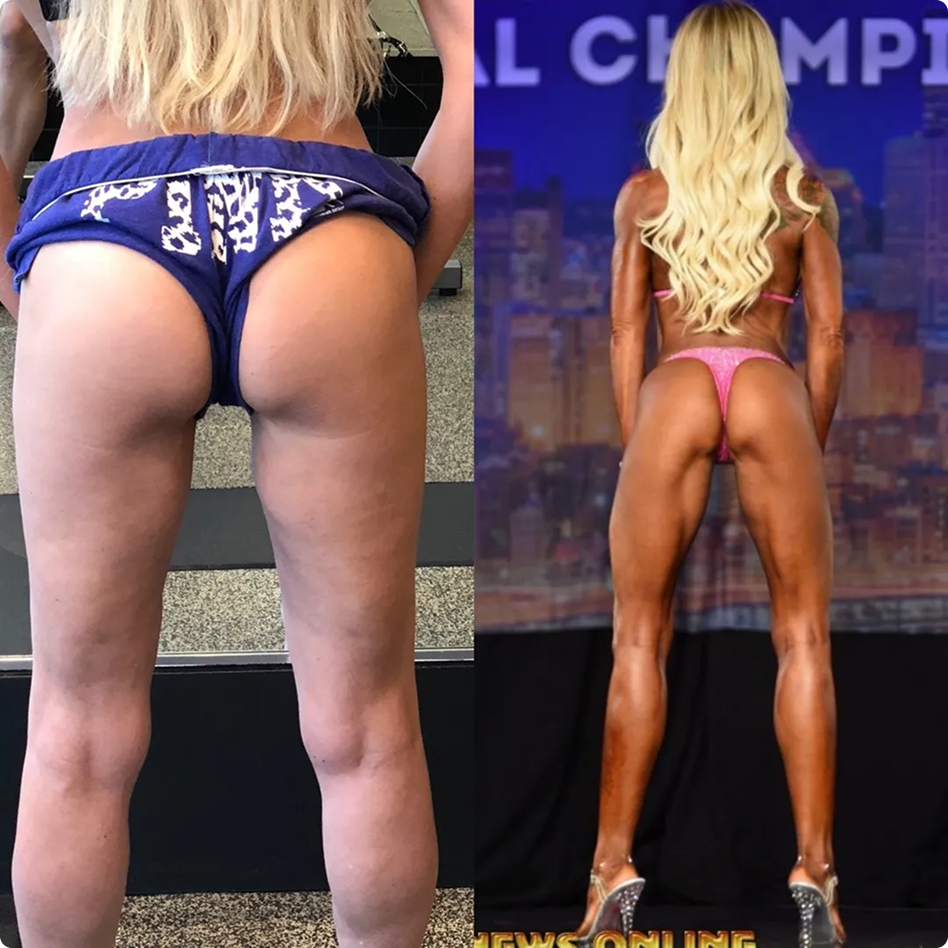 A before-and-after split image of a woman's legs and glutes, showing a significant increase in muscle definition.