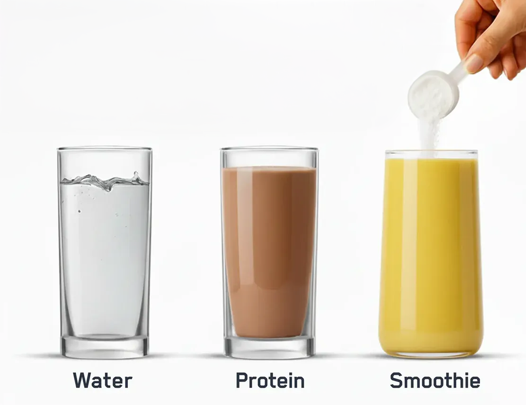Three glasses labeled Water, Protein, and Smoothie, with a hand adding powder to the smoothie.
