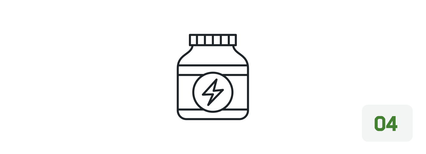 A line icon of a supplement jar with a lightning bolt, next to the number 04.
