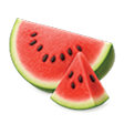 A large slice and a smaller wedge of watermelon with black seeds and a green rind.
