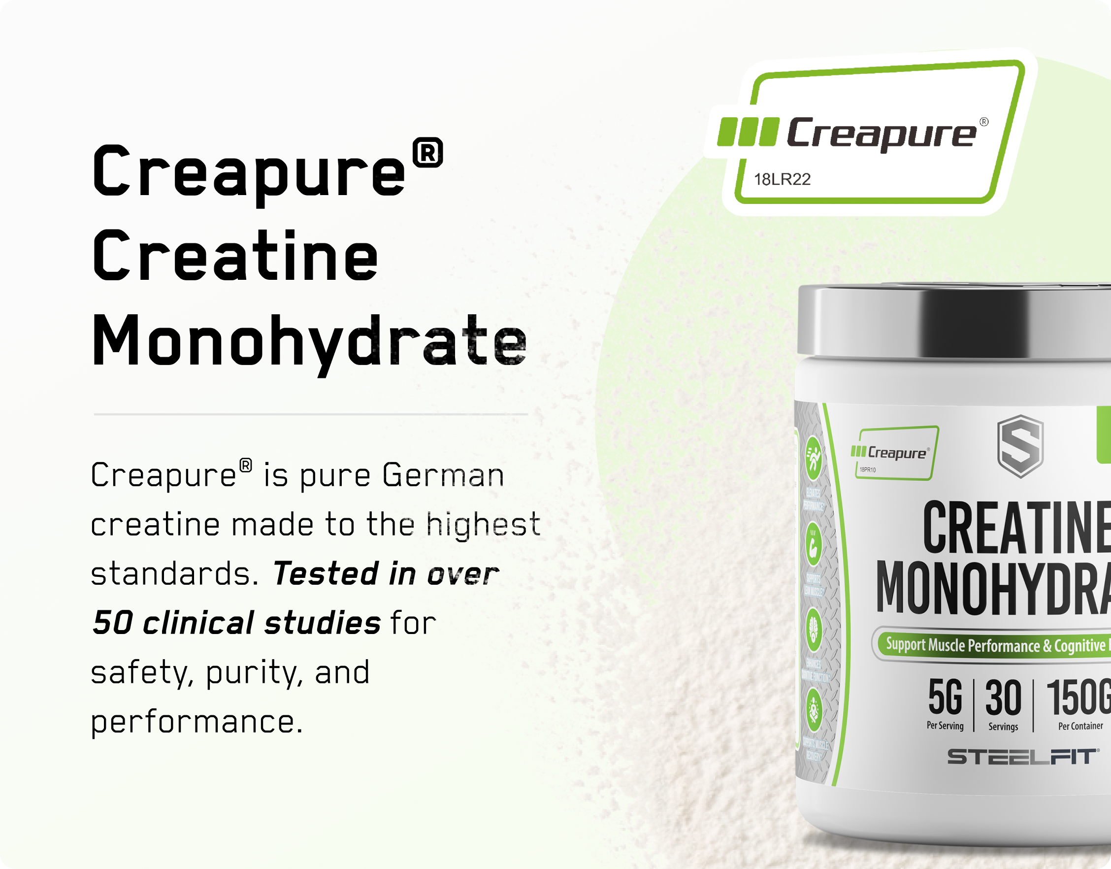 An advertisement for Creapure Creatine Monohydrate, featuring the supplement container and descriptive text about its benefits.