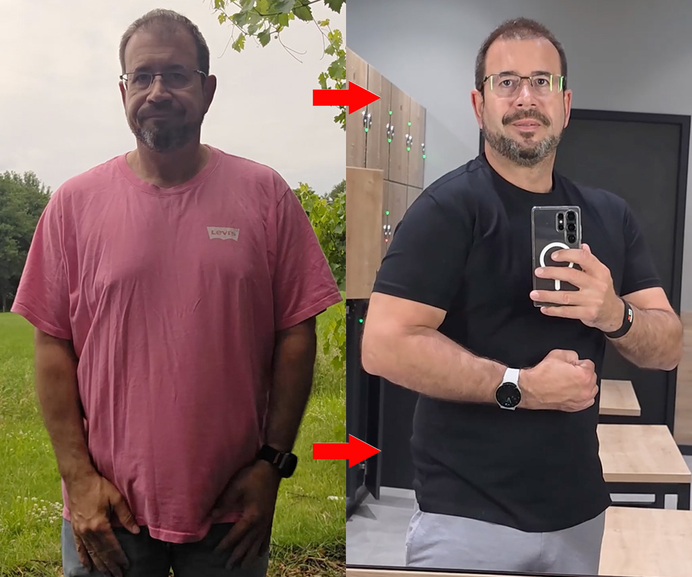 Two side-by-side photos of a man before and after weight loss.