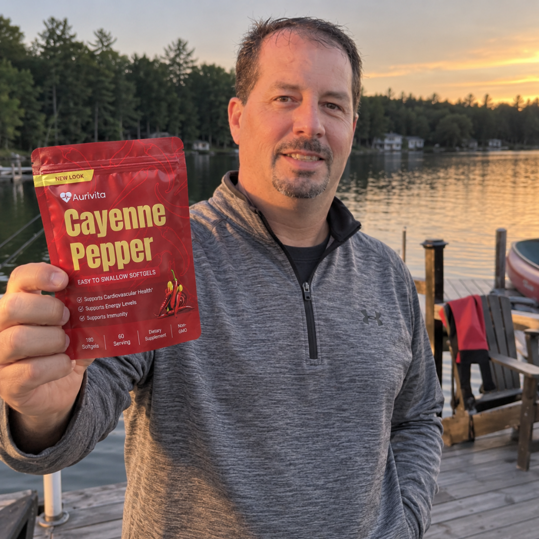 A man stands on a dock by a lake, holding a red pouch of Cayenne Pepper softgels.