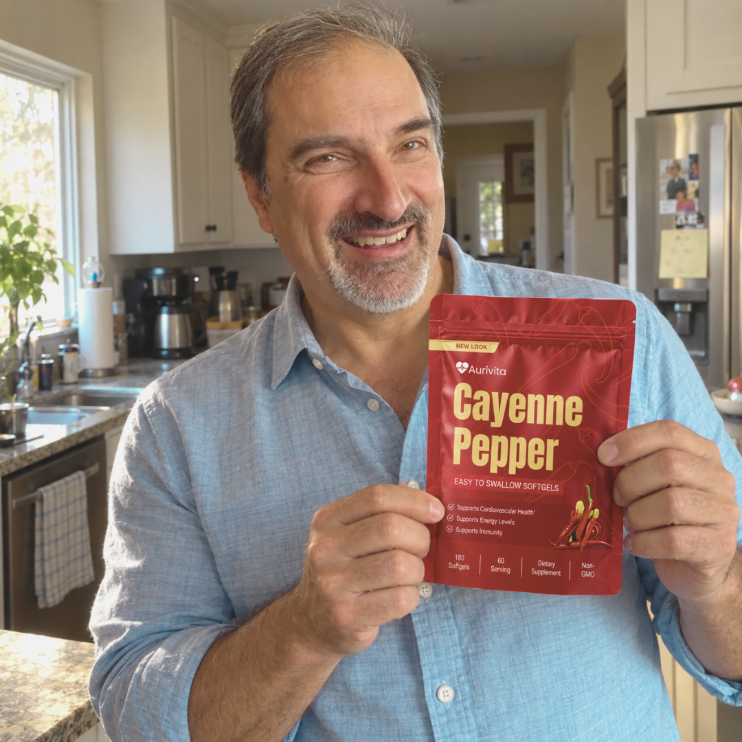 A smiling man in a kitchen holds up a red pouch of Aurivita Cayenne Pepper supplements.