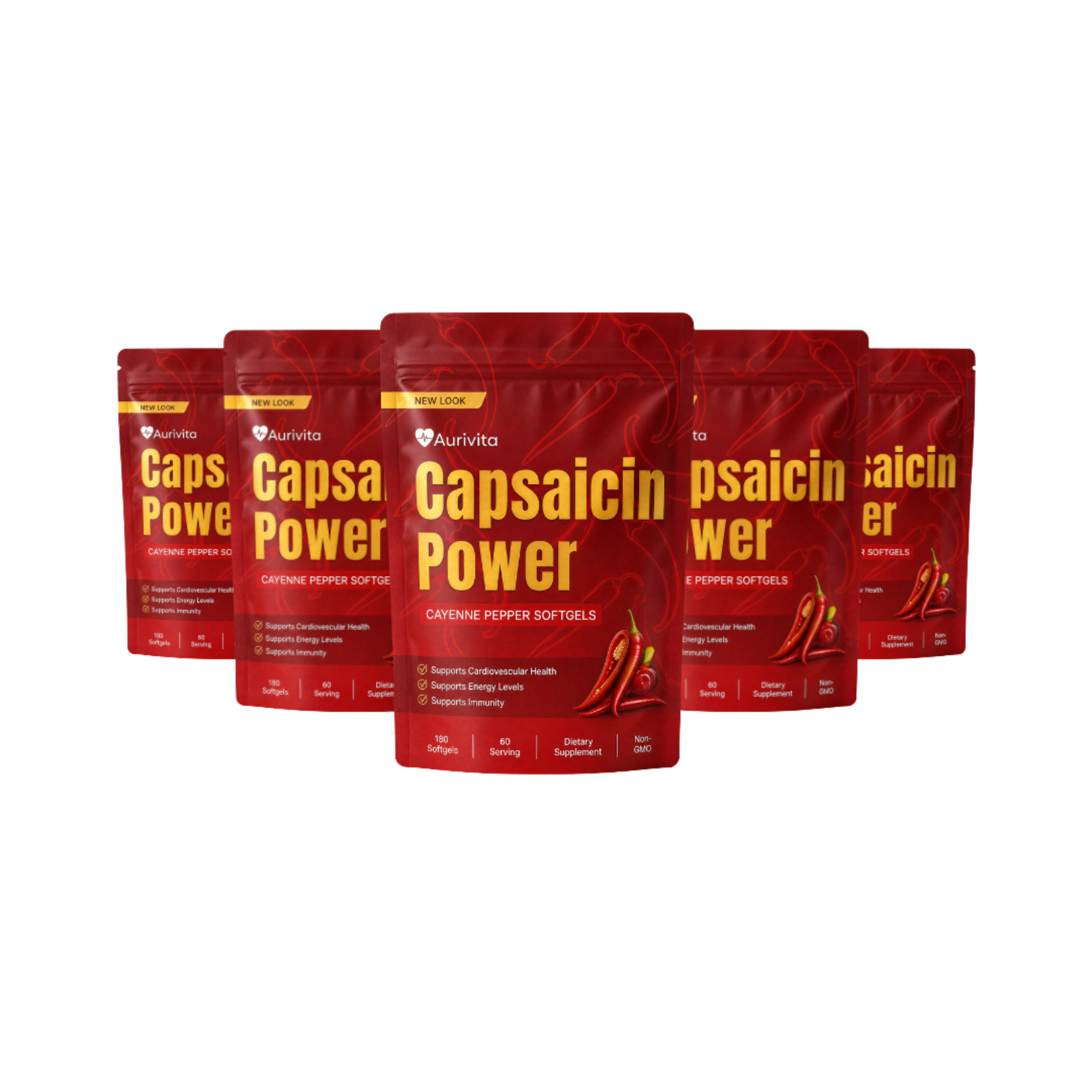 Five red pouches of Aurivita Capsaicin Power Cayenne Pepper Softgels arranged against a white background.