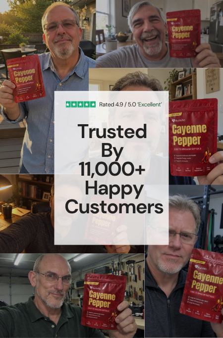 A photo collage of men holding Cayenne Pepper supplements with text overlay reading 'Trusted By 11,000+ Happy Customers'.