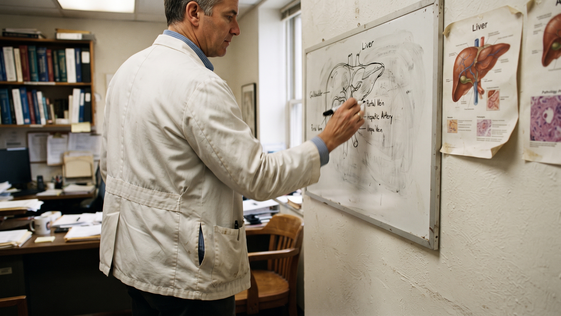 A man in a lab coat draws a diagram of a liver on a whiteboard in an office.