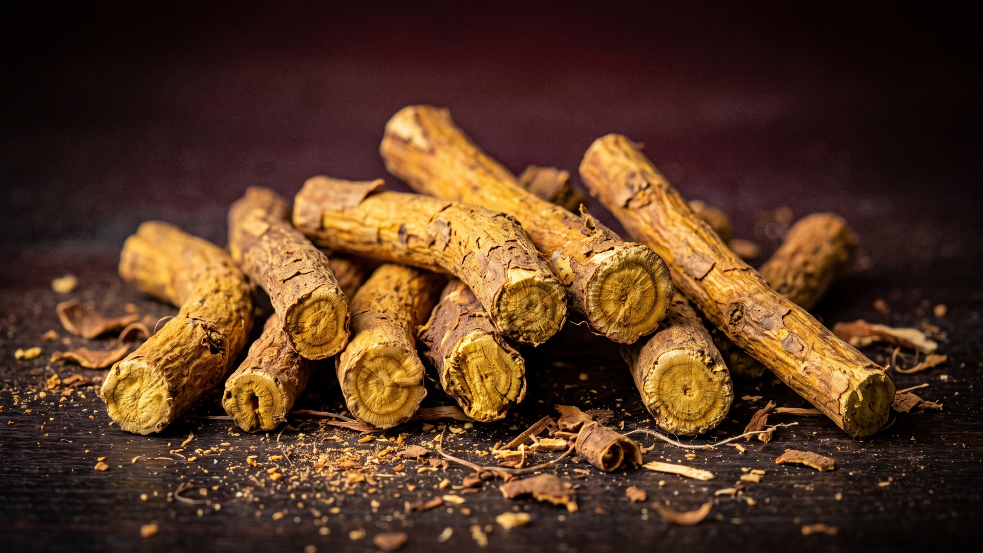 A close-up of a pile of dried licorice root sticks on a dark surface.