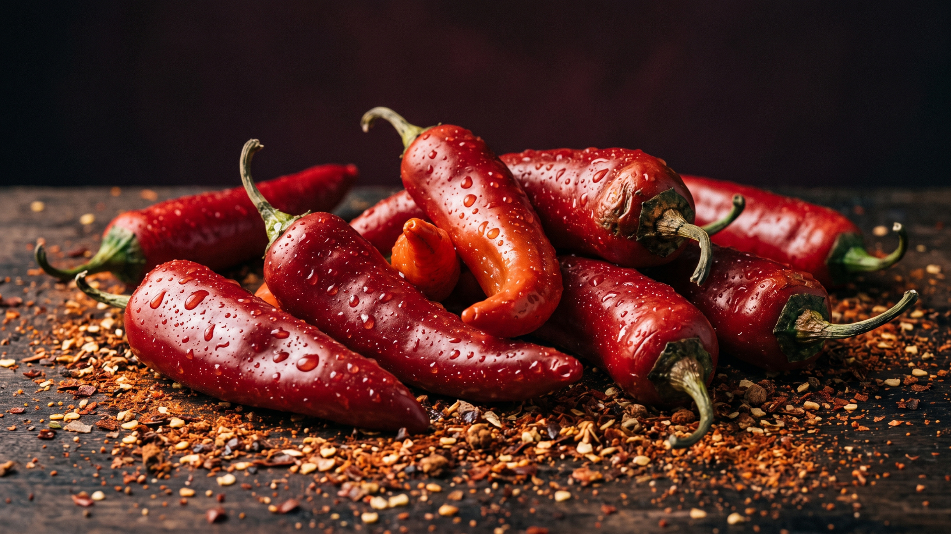 A pile of red chili peppers with water droplets, sitting on a wooden surface with chili flakes.