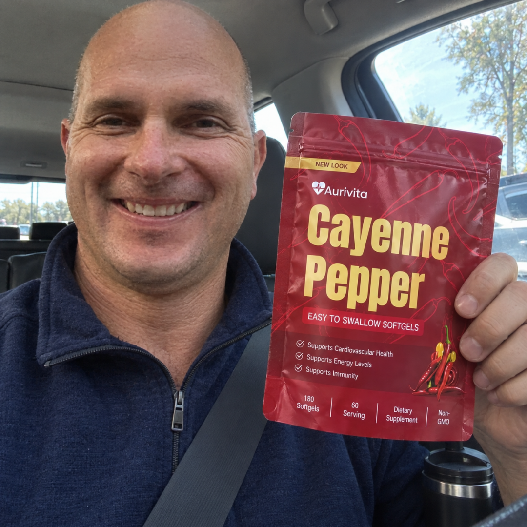 A smiling man in a car holds up a red pouch of Aurivita Cayenne Pepper supplements.