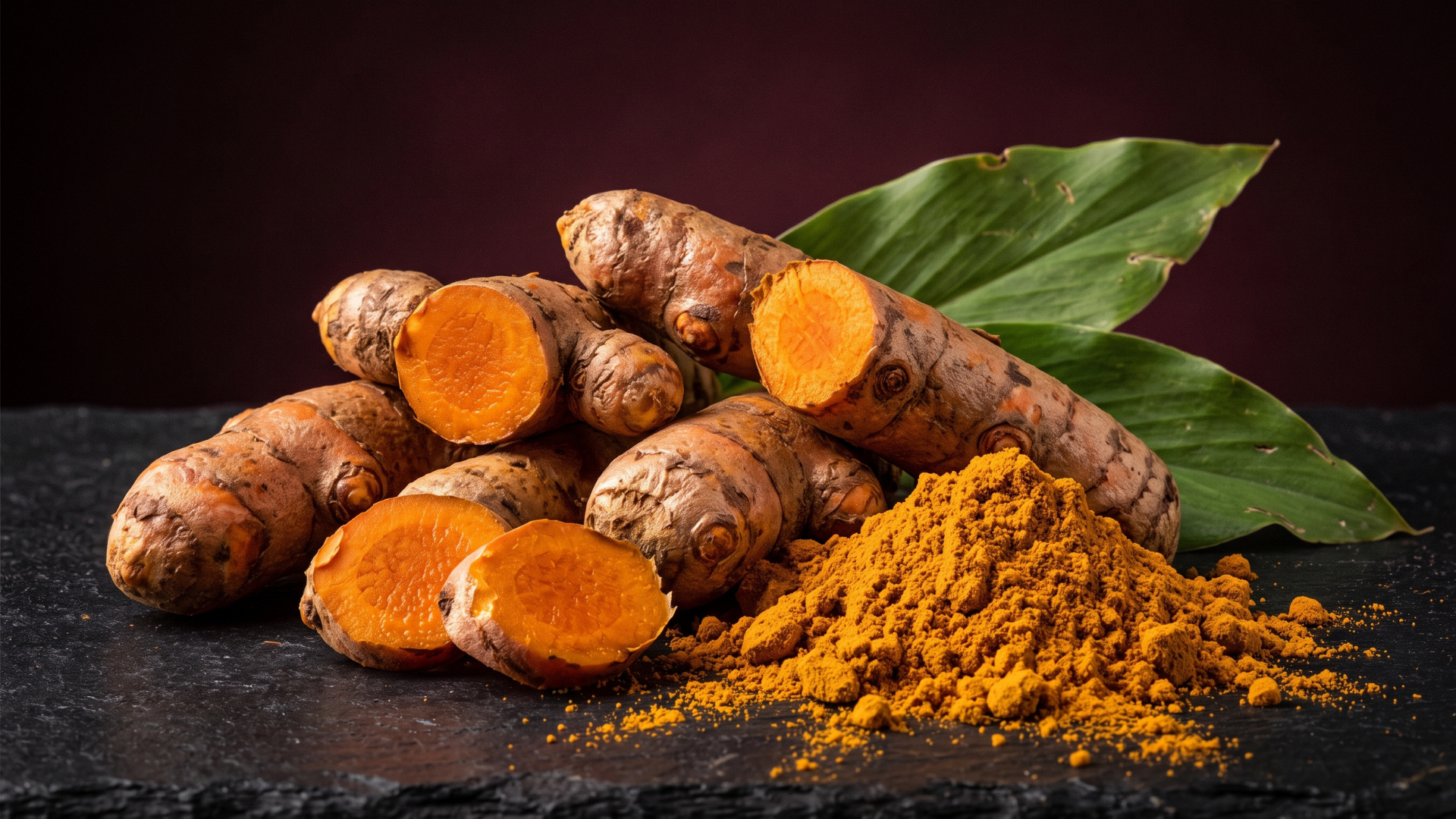 Fresh turmeric root, some sliced, next to a pile of ground turmeric powder and a green leaf.