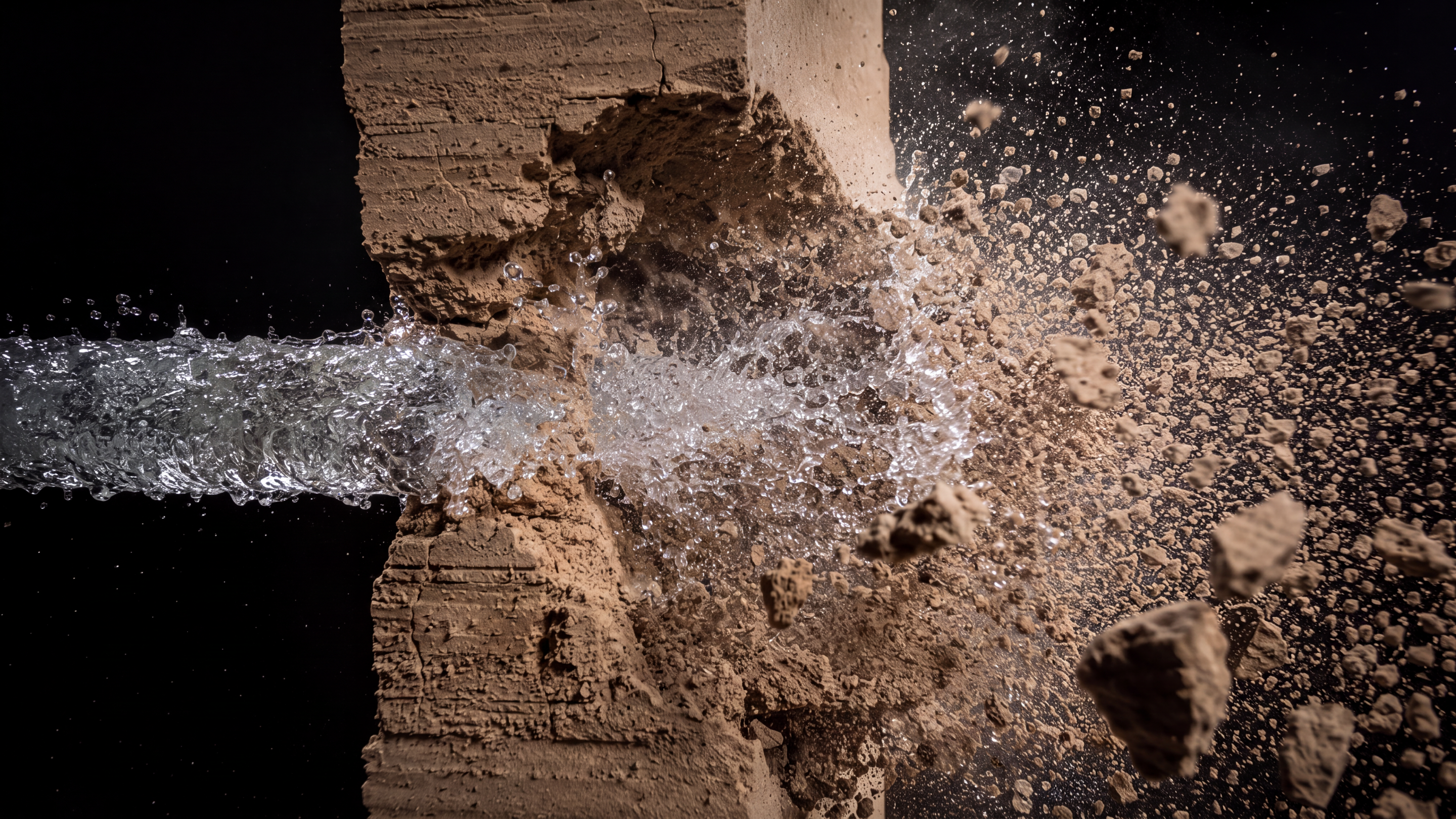A powerful jet of water blasts through a block of earth, sending dirt and water flying.
