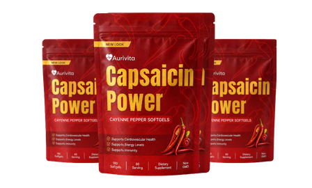 Three red pouches of Aurivita Capsaicin Power Cayenne Pepper Softgels supplement against a white background.
