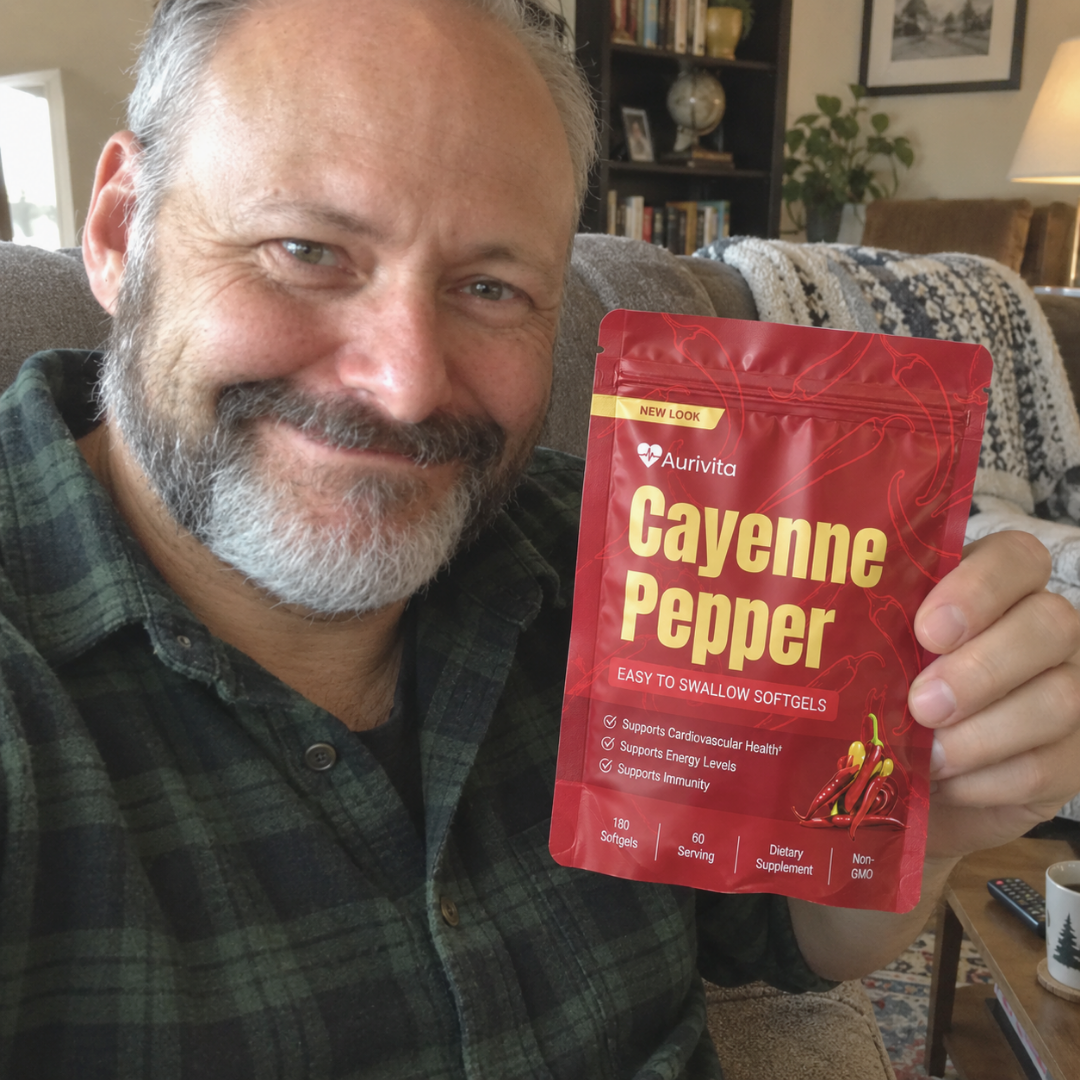 A smiling man with a graying beard holds up a red pouch of Aurivita Cayenne Pepper softgels.