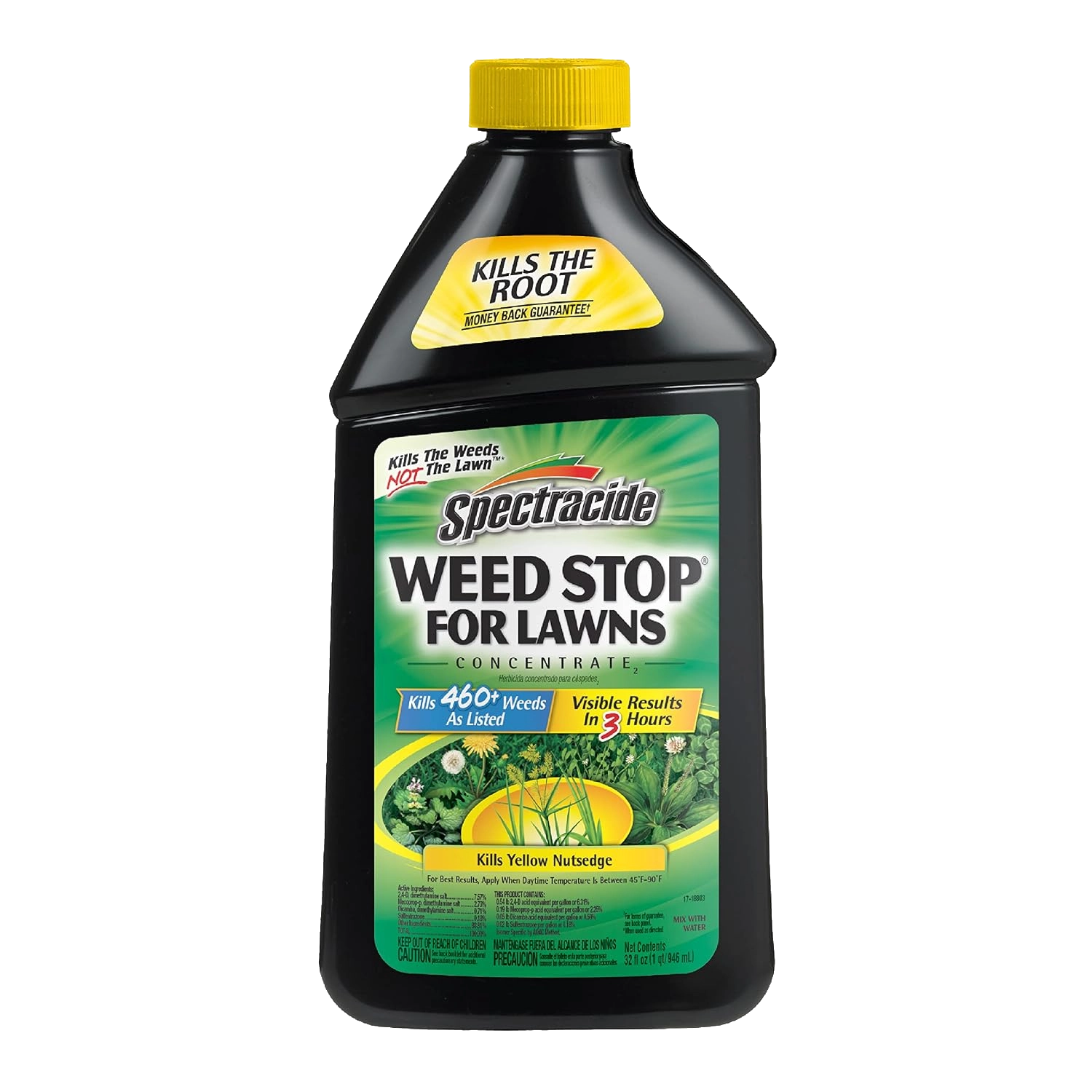 A black bottle of Spectracide Weed Stop for Lawns Concentrate with a yellow cap against a white background.