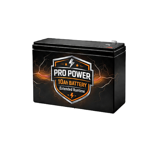 A black Pro Power 10Ah extended runtime battery on a black background.