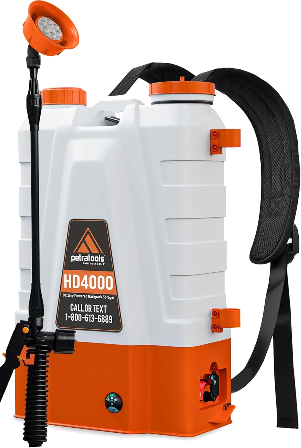 A white and orange PetraTools HD4000 battery-powered backpack sprayer on a white background.