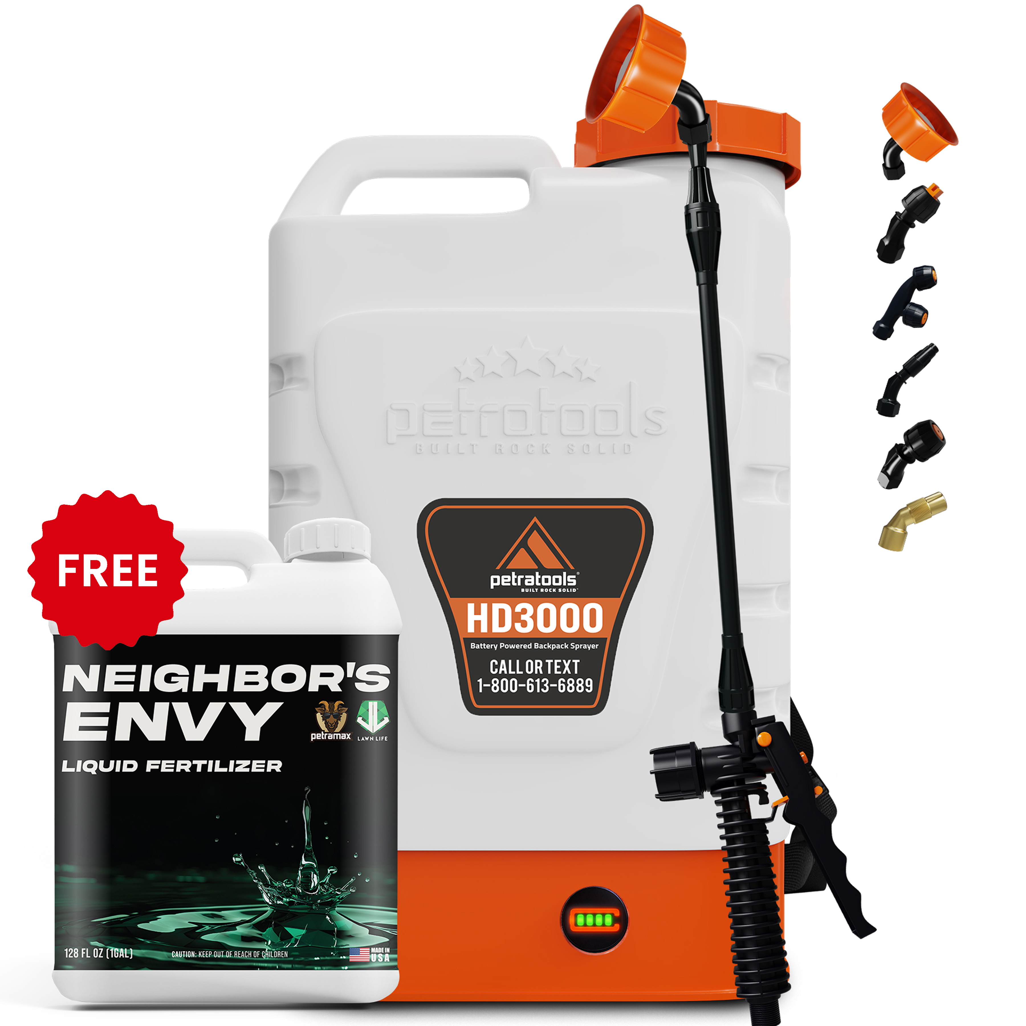 A PetraTools backpack sprayer, a bottle of liquid fertilizer, and assorted nozzles on a white background.