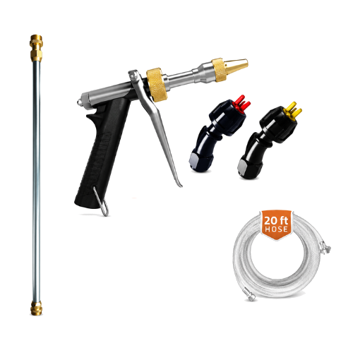 A spray washing kit including a gun, wand, two nozzles, and a 20-foot hose against a black background.