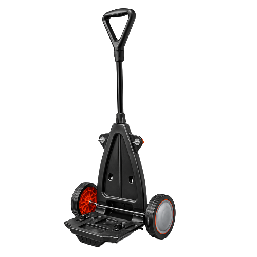 A black, foldable two-wheeled hand truck with a telescoping handle against a black background.